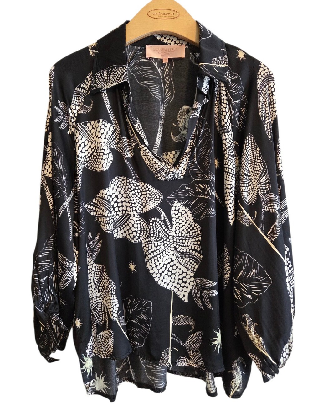 Scandal Italy Ibiza Silk Blend Black White Floral V-Neck Oversized Blouse Sz L